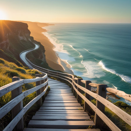 Wooden walkway leading to Atlantic ocean at sunset, South Africaの素材