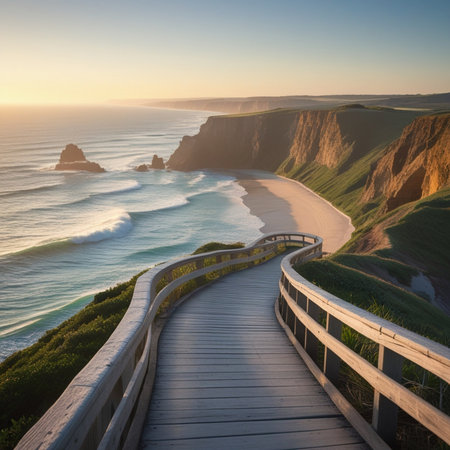 Wooden boardwalk leading to the beach in Lagos, Portugalの素材