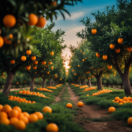 Orange trees with ripe tangerines in orchard. Tangerine garden.の素材
