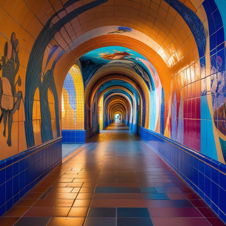 Interior of the metro tunnel, Moscow, Russia. The tunnel is decorated with colorful tiles.の素材