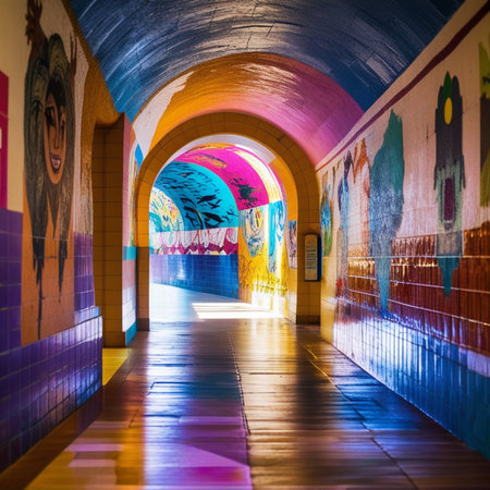 Interior of a tunnel with colorful graffiti on the walls, Lisbon, Portugalの素材
