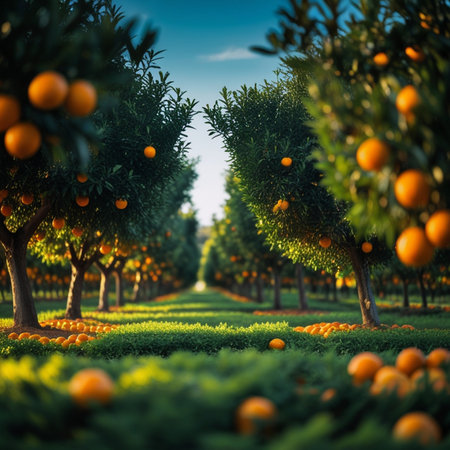 Tangerines on the tree in the garden. 3d renderingの素材