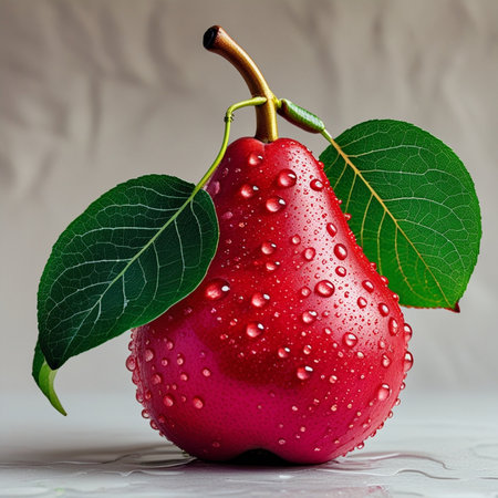 Ripe red pear with green leaf and water drops on white backgroundの素材