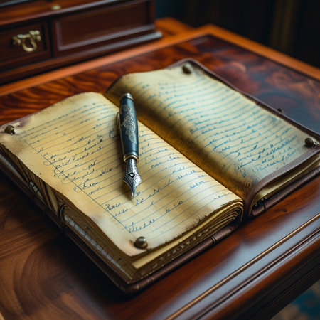 Old book and fountain pen on a wooden table. Vintage style.の素材