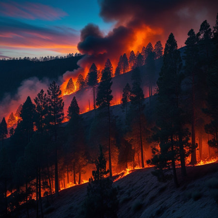 Pine tree forest fire in the mountains at sunset, natural disasterの素材