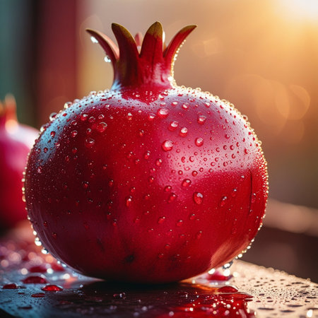 Ripe pomegranate fruit with water drops on blurred backgroundの素材