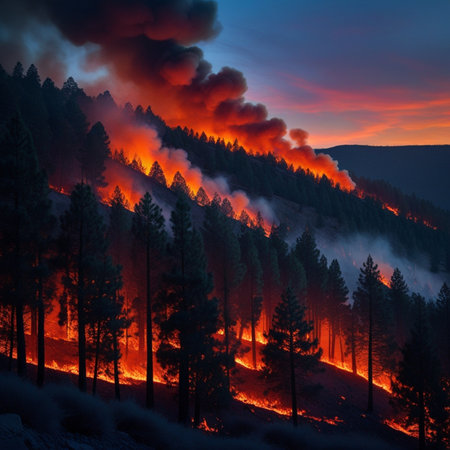 Forest fire in the mountains at sunset. Beautiful landscape with forest fire in the mountains.の素材