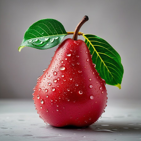 Ripe red pear with green leaf and water drops on gray backgroundの素材