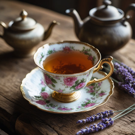 Tea in a cup on a wooden table with lavender flowers.の素材