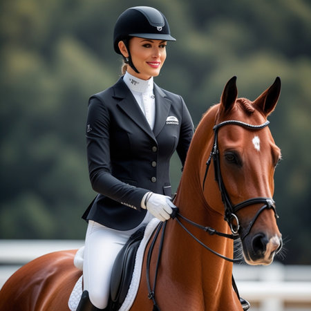 Portrait of a beautiful young woman jockey riding a horse.の素材