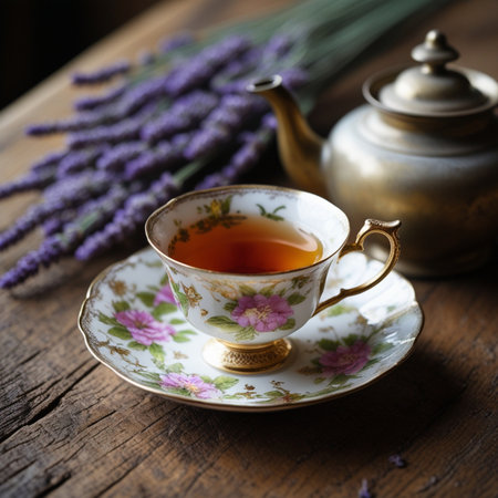 Cup of tea with lavender flowers on old wooden table.の素材
