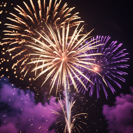Colorful fireworks of various colors over night sky background, celebration conceptの素材