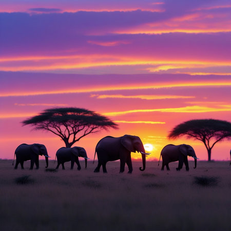Elephants in the savannah at sunset, Amboseli National Park, Kenyaの素材