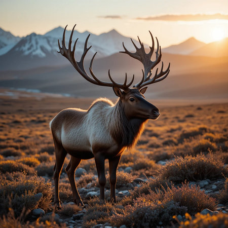 Bull elk in the mountains at sunset. 3d rendering.の素材