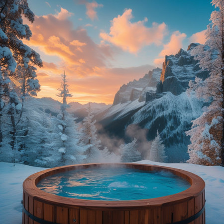 Beautiful winter landscape with wooden hot tub in the mountains. Sunset.の素材
