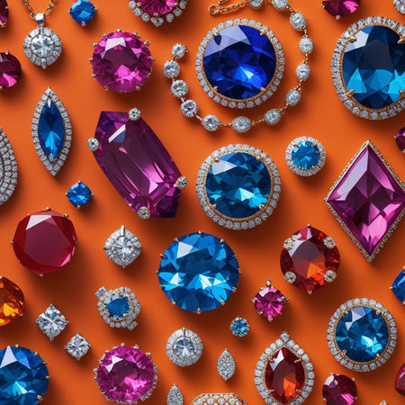 Seamless pattern with gems on orange background. Jewelry background.の素材