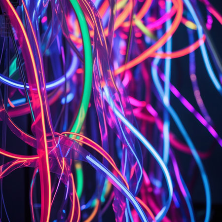 Colorful neon lights abstract background. Long exposure photo with shallow depth of fieldの素材