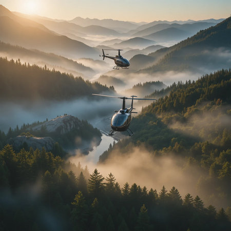 Helicopter flying above the foggy valley at sunrise. Aerial viewの素材