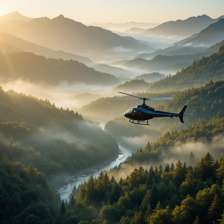 Helicopter flying over the mountain valley at sunrise. Beautiful nature landscapeの素材