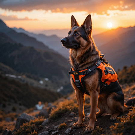 German shepherd dog on the background of the mountains at sunset. The concept of travel with a pet.の素材