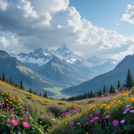Mountain landscape with blooming meadow and snowcapped peaksの素材