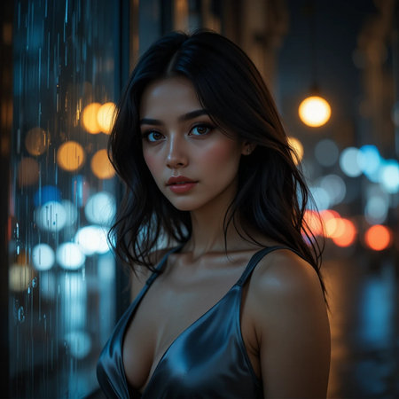Portrait of beautiful Asian woman in night city. Model looking at camera.の素材