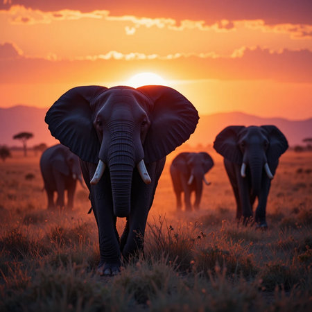 African elephant in Amboseli National Park at sunset, Kenya, Africaの素材