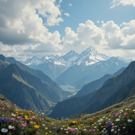 Mountain landscape with flowers and snowcapped peaks in the backgroundの素材