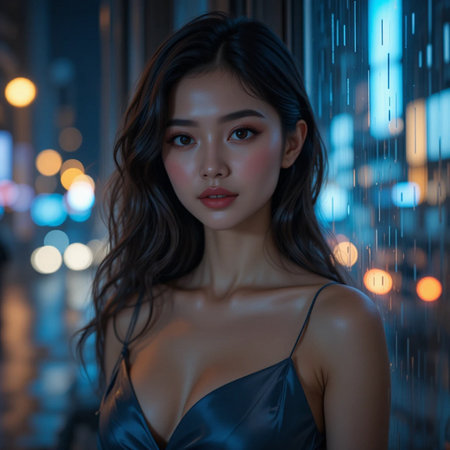 Portrait of beautiful Asian woman standing in the city at nightの素材