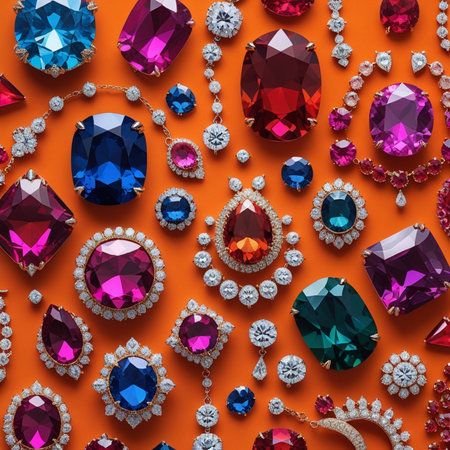 Seamless pattern with jewelry on orange background. Flat lay, top view.の素材