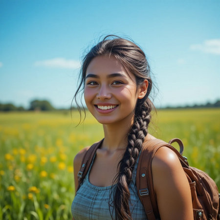 Portrait of a beautiful young Asian woman with backpack in a wheat fieldの素材