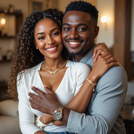 Portrait of happy African American couple hugging and looking at camera in cafeの素材