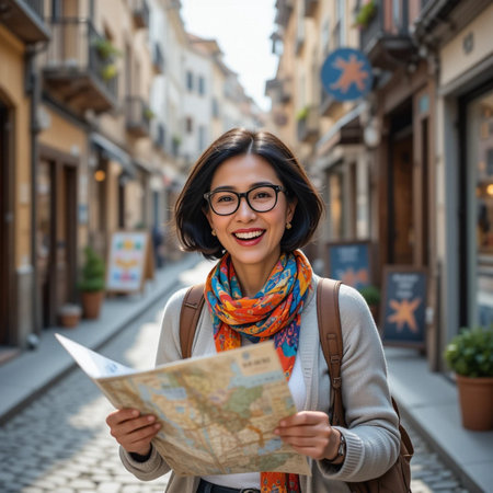 Smiling young woman with map in the city. Travel concept.の素材