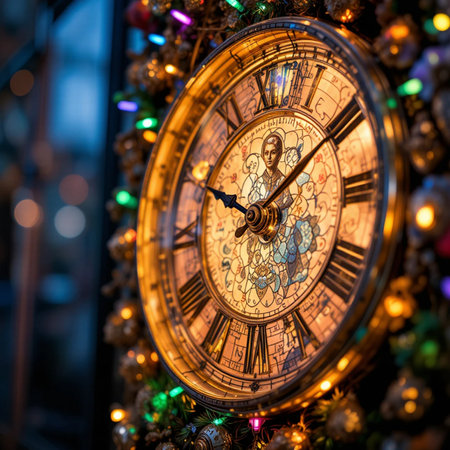 Close up view of antique clock at Christmas market in Paris, Franceの素材