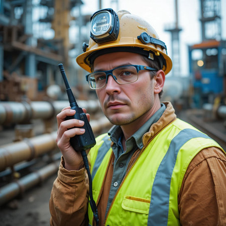Portrait of a worker in a hard hat with a radio-controlled walkie-talkieの素材