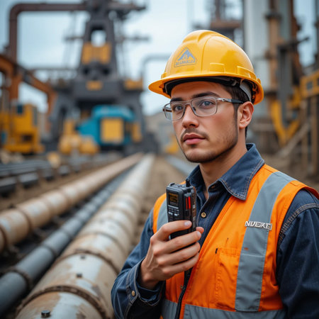 Engineer or Technician using walkie talkie or radio in factoryの素材