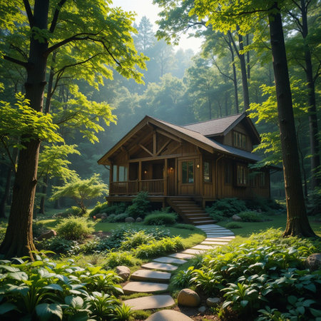 Wooden house in a beautiful green forest in the early morning.の素材
