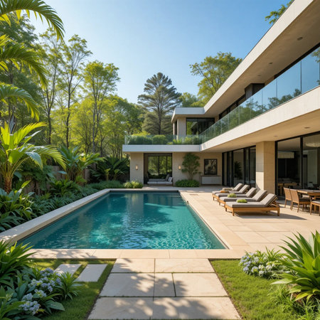 Modern villa with swimming pool, view from the garden. Nobody insideの素材