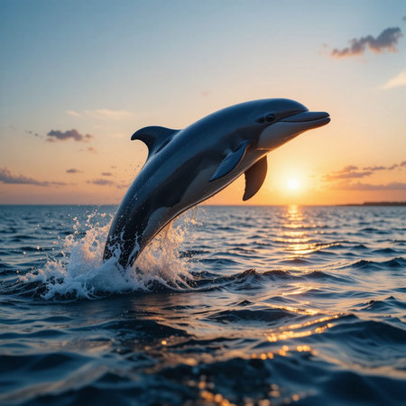 Dolphins jumping out of the water at sunset. Dolphins jumping out of the water.の素材