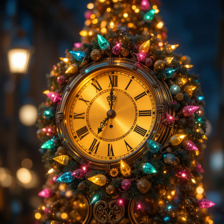 Vintage clock and Christmas tree with colorful bokeh background.の素材