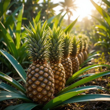 Pineapples grow in the garden on a sunny day.の素材