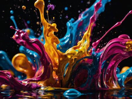 Colorful paint splashes isolated on black background. Abstract art.の素材