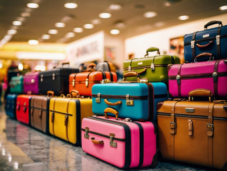 Pile of colorful travel suitcases in a luxury shopping mall.の素材