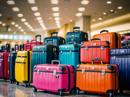 Colorful travel suitcases in a shopping mall. Travel concept.の素材