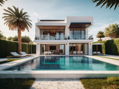 Luxury house with swimming pool, outdoor view. Nobody insideの素材