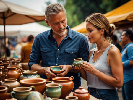 Mature man and woman buying ceramics at flea marketの素材