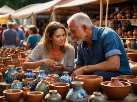 Couple choosing pottery at the flea market in summer dayの素材