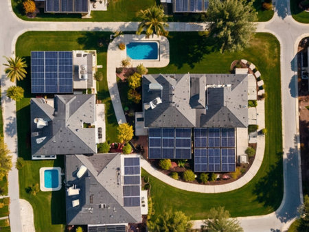 Aerial view of modern American residential neighborhood with solar panels on roof.の素材
