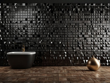 Interior of modern bathroom with black and white brick walls, wooden floor, comfortable bathtub and golden sink. 3d renderingの素材