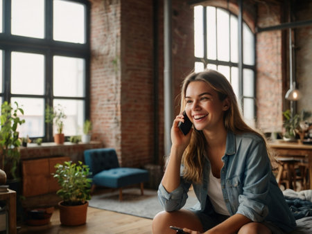Cheerful young woman talking on mobile phone while sitting on floor at homeの素材
